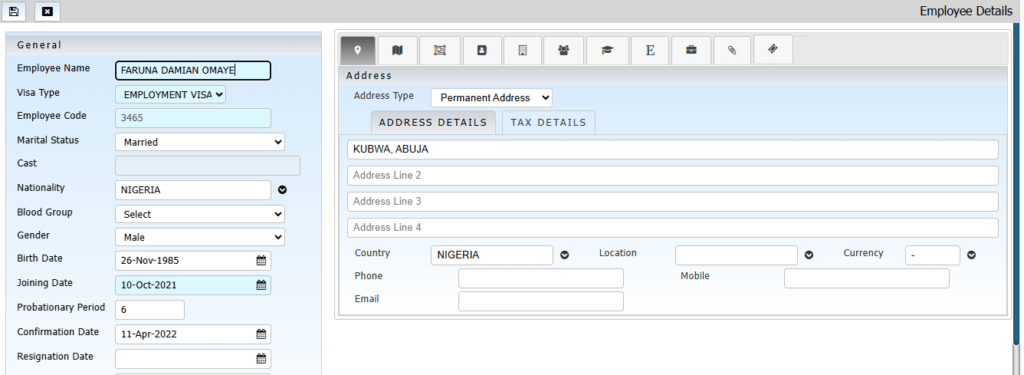 Employee details