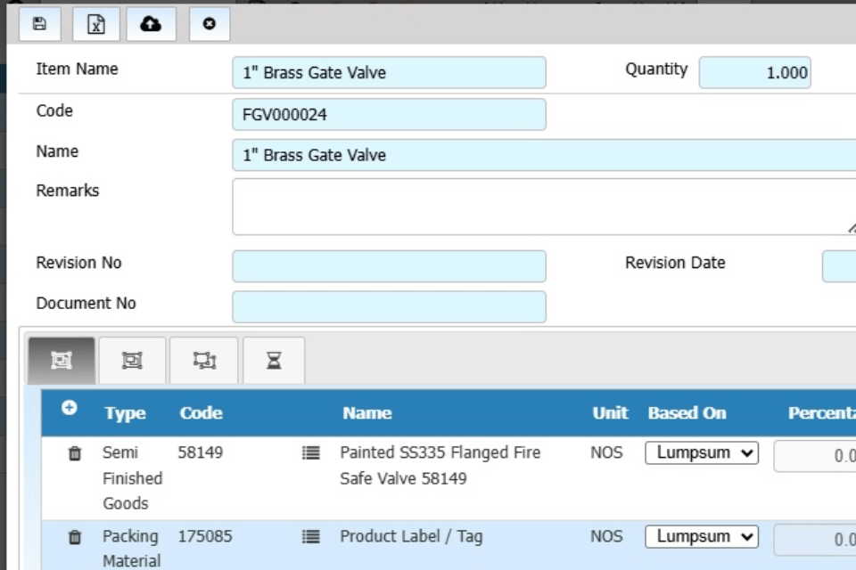 Bill of Materials dashboard