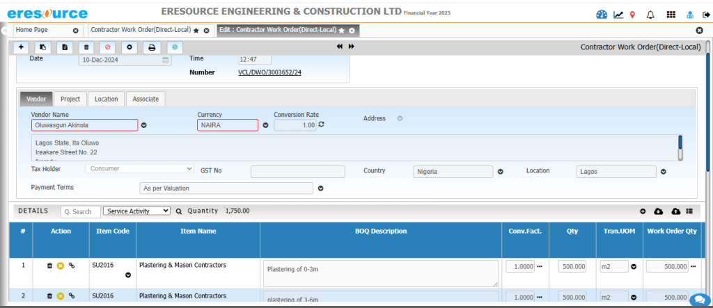 SubContract Work Order
