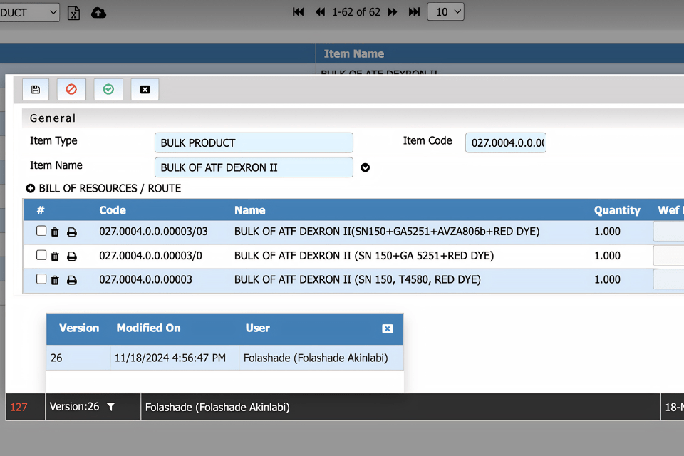 Bill of Materials dashboard